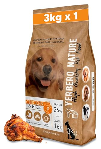 Yerbero Nature Chicken & Rice Pienso sin Gluten con Pollo para Perros, alimento Hipoalergénico con Alta Digestibilidad, Comida Natural y Omega 3 y 26% de Proteína, 3 Kilos