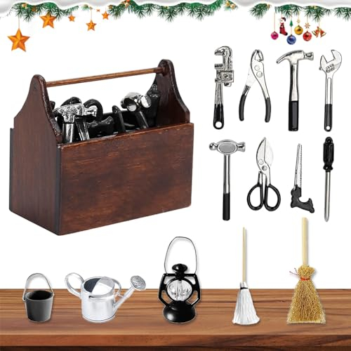 Boîte à Outils en Bois Miniature,Boîte à Outils Maison de poupée avec Outils,Mini boîte à Outils en Bois,14 Accessoires pour poupée, pour Accessoires de Maison de poupée à l'échelle 1/12