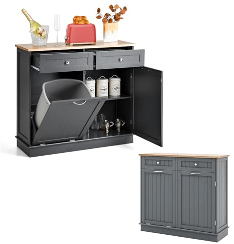 KOMFOTTEU Credenza Cucina con Supporto per Bidoni della Spazzatura 42 L, Mobile Dimpensa Portaoggetti con 2 Cassetti e Ripiano Regolabile, per Sala da Pranzo, Soggiorno, 100 x 35 x 90,5 cm (Grigio)