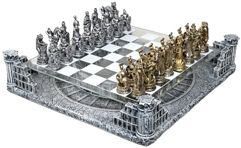 Scacchiera Antica Roma - Set Scacchi Impero Romano Con Colosseo Piano In Vetro 40 X 40 Cm, Base In Ceramica Pedine In Resina Oro E Argento Alta Qualità Arredamento Elegante e Sofisticato - Idea Regalo