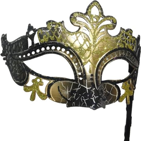 LADIES SPARKLING GOLD AND BLACK RIALTO VENETIAN MASQUERADE CARNIVAL PARTY EYE MASK HAND HELD ON A WOODEN STICK