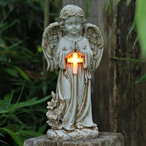 Tuzsocr Statue du Jardin des Anges,Ange Priant Solaire,Figurine Ange Gardien avec Croix LED,Sculpture Tombe,Auto-on,Gel,aux intempéries,pour Terrasse,Pelouse,Cour,Pendaison de crémaillère,Funèbre