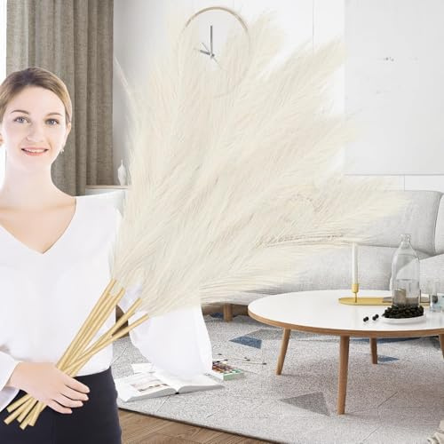 Duscdesp 43/110cm Artificial Pampas Grass, 6 Pcs Large Fluffy Tall Grass for Floor Vases, Wedding, Living Room, Bedroom, Home, Boho Decor (Beige)