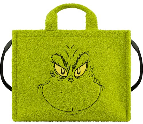 Concept One Unisex Dr. Seuss The Grinch Tote Bag, Faux Fur Travel Handbag with Adjustable Shoulder Strap and Trolley Sleeve Tragetasche, Grün