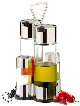 Avilia Juego de 4 condimentos de mesa con asa ergonómica de acero y cristal de 15,5 x 5 cm – Cómodo para sal, pimienta, aceitera y vinagrera – Todos los componentes son lavables en lavavajillas