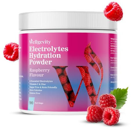 Wellgevity Raspberry Electrolytes Powder – 90 Servings, Sugar Free Electrolyte Hydration Drink, Keto, Electrolyte Powder for Hydration & Keto Fasting – Sugar Free Electrolytes Drink. 333g
