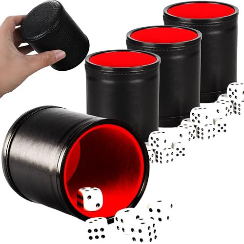 CHSG Würfelbecher Aus Leder , 4 leise Würfel-Shaker-Becher Mit 20 Würfeln, Klassischer Handgearbeiteter Lederbecher, Qualitäts Würfelbecher , für Bar-Party Yahtzee Farkle Würfelspiele, Kaffee