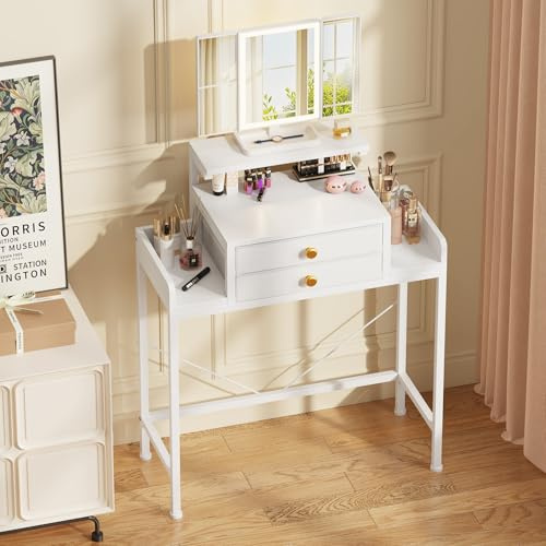 OYRREU Small Dressing Table with LED Mirror, Vanity Desk with Fabric Drawers, Height Adjustment, Makeup Vanity Table for Small Spaces Bedroom, Nursery, Kids, 31.5D x73W, Space-Saving, White
