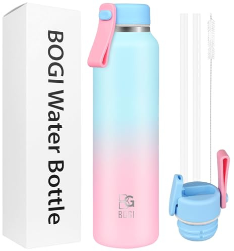 BOGI 475ml Metal Water Bottle with Straw, 2 Lids(Loop&Straw) Stainless Steel Water Bottle for Sport Travel Leakproof Double Wall Vacuum Drinks Bottle Keep 12h Hot & 24h Cold | Sky Blue Pink