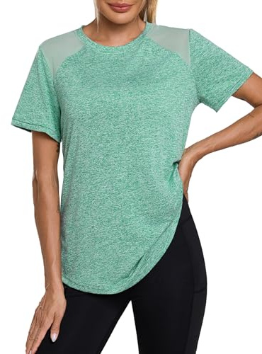 Terecey Maglietta Sportiva Donna Traspirante con Protezione UV Maglia Palestra Indietro in Rete Magliette Palestra Girocollo Maglia Trekking Asciugatura Rapida per Jogging Running Yoga Corsa Verde XL