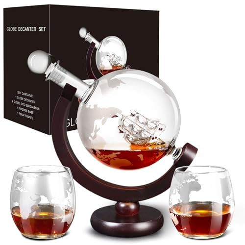 Whiskey Decanter Set,Gift for Men Dad Christmas, Decanter Globe Set with 2 Glasses for Liquor Bourbon Cocktails Vodka Scotch, Decanter Sets for Men Cool Stuff Whiskey Gift - 850ml