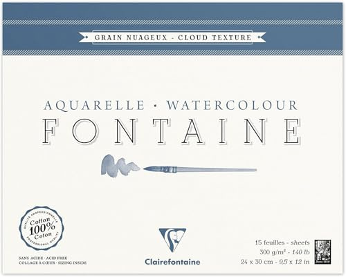 Clairefontaine 96421C Bloc Encollé 4 Côtés Fontaine - 15 Feuilles Papier Aquarelle Blanc 100% Coton Grain Nuageux Qualité Professionnelle 24x30 cm 300g