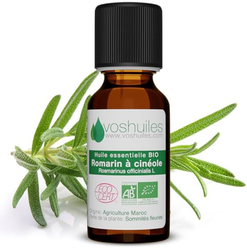 Voshuiles - Huile Essentielle Romarin à Cinéole Bio 10ml - Parfum Frais - Nombreuses Vertus - Huiles Essentielles de Qualité - 100% Pure et Naturelle - HEBBD et Certifiée ECOCERT