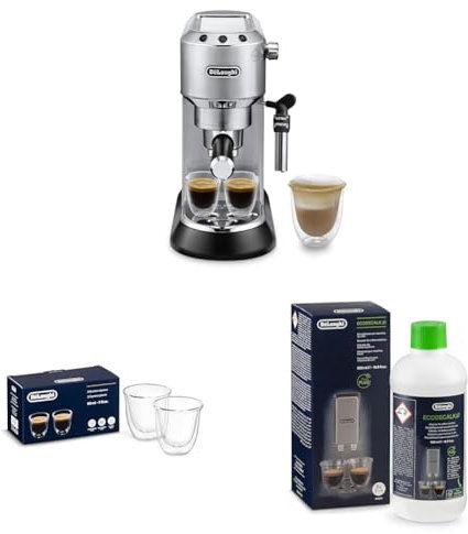 De'Longhi Dedica EC 685.M Portafiltro de espresso, plateado + vaso de espresso aislado, juego de 2 + descalcificador | Eliminador de cal universal para 4 procesos de descalcificación