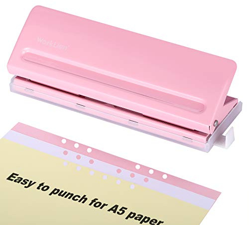 WORKLION Adjustable 6 Hole Punch: Metal Six Hole Puncher for Planners and 6-Ring Binders with 6 Sheet Capacity for A4 / A5 / A6 / Personal/Pocket Size (Pink)
