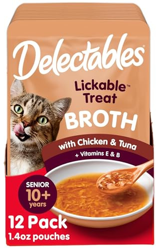 Delectables Lickable Treat Savory Broth Senior 10+ Wet Cat Treats with Real Chicken & Tuna, Food Topper, Hydrating, Grain-Free, No Fillers, No By-Product, No Added Preservatives, 1.4oz Pouch, 12ct