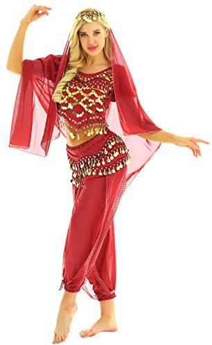 MSemis Damen Bauchtanz Kostüm Set Pailletten Tanzkleidung Indische Tanz Performance-Kleidung Halloween Karneval Tanzende Professionel Kostüm Rot Einheitsgröße