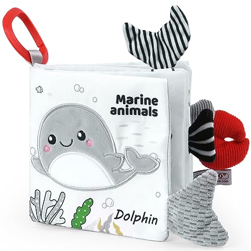 Vicloon Stoffbuch für Babys, Babybuch Knisterbuch Baby ab 0 Monate, Interaktives Bilderbuch Babyspielzeug Plüschtier Babybücher Knisterbuch Baby Kinderwagenspielzeug（Meereslebewesen）