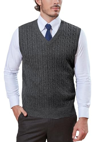 Kallspin Men’s Sweater Vest Wool Blend Cable Knit Sleeveless Jumper Casual Pullover Knitwear(Charcoal, XL)