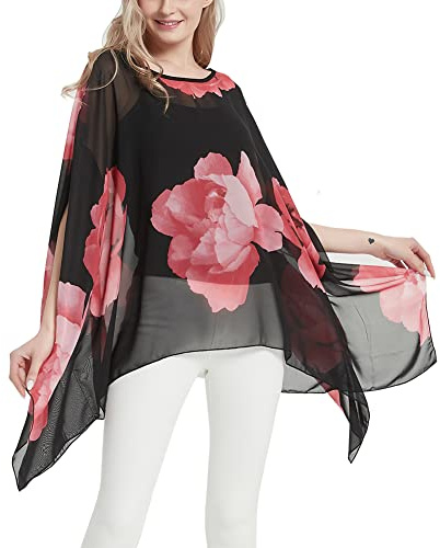 CuteSwan Womens Lagenlook Kaftan Batwing Sleeve Chiffon Blouse Bohemia Loose Floral Blouses Tunic