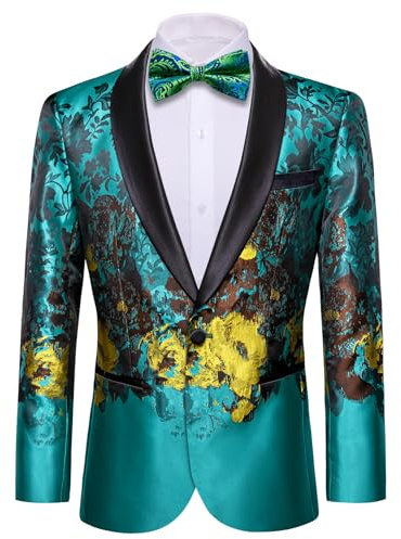 Barry.Wang Blazer de esmoquin para hombre, de lujo, con bordado de cachemira, chaqueta casual con solapa de un botón, abrigo de negocios para boda, Pintura de tinta verde dorada, XXL