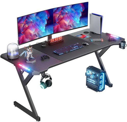 HLFURNIEU LED Bureau Gaming 160 x 60 cm, Bureau Gamer avec Plateau en Fibre de Carbone, Table Gaming Ergonomique avec Porte Gobelet et Crochet pour Casque, Noir