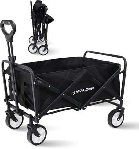 Walden Sports Folding Festive Trolley - Foldable Camping Cart with All-Terrain Wheels & Adjustable Handle - Collapsible Wagon for Outdoor, Beach, Garden & Shopping - Loads up to 90kg - Medium Black