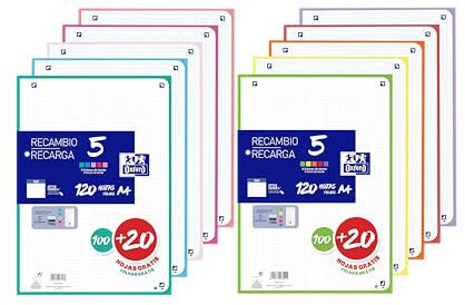 Oxford, Hojas Cuadriculadas A4 Perforadas, Pack de 2 Recambios Archivador, 240 Hojas, Cuadrícula 5x5, Bandas de Colores Pastel y Vivos