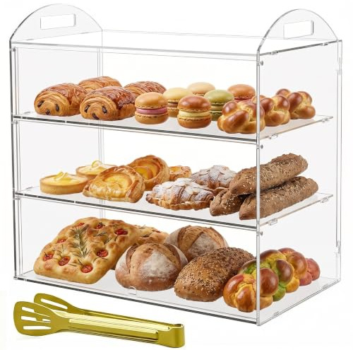 Cityjoy 3 Tier Bakery Display Case with Handle, Countertop 23.6 L x11.8 W x19.7 H Commercial Pastry Display Case, Acrylic Clear Food Display Box for Dessert Donut Bagels Cake Cookie