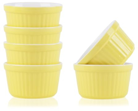 Creme Brulee Bowls, Pack of 6, 200 ml Souffle Moulds, Oven Safe, Cream Brulee Ramekin Soufflé Cups for Baking, Creme Brulee Bowls, Ceramic Moulds Oven Safe Cases (Yellow)