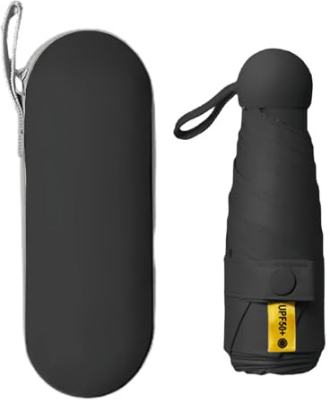 Kiuiom Travel Umbrella,Small UV Umbrella,Folding Sun Windproof Rain with Capsule Case,Folding Travel 6 Ribs Mini Sturdy Pocket Portable UV with Storage Box For Men and Women (Black)