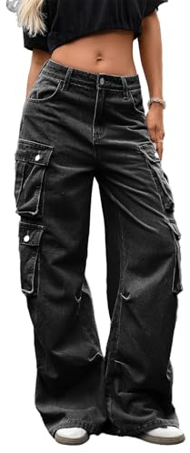 Pantalón Cargo Holgado Mujer, Jeans Casual Y2K Cintura Alta, Pierna Ancha, múltiples Bolsillos, Streetwear Moderno