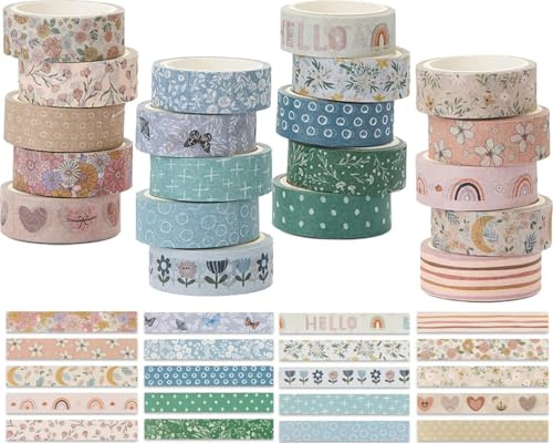 BetterJonny 20 Rouleaux Boho Washi Tape Set, Rétro Ruban Adhésif Décoratif Masking Tapes Motif floral pour Arts, Bullet Journal, Scrapbooking, Bricolage, Emballage(15mmx5m)