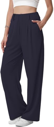 Neteson Pantalones Mujer Largos Cintura Alta Pantalones Palazzo Elegante Anchos Pantalon de Pierna Ancha Recta Suelto Pantalones de Trabajo Tela Casuales Pantalón de Traje Ligeros Gofre con Bolsillos