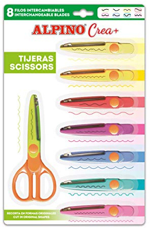 Tijeras para Manualidades Alpino Crea+ - Tijera con 8 Recambios y 8 Tipos de Corte - Perfecto para Uso Escolar y Manualidades para Niños - Colores Brillantes, Formas Originales