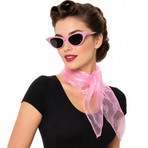 SoWest Ladies 50s Sunglasses & Scarf Set – Cat Eye Glasses with Diamante Detail & Pink Chiffon Neck Scarf | 1950s Rock and Roll Fancy Dress Accessory for Halloween, World Book Day & Retro Parties