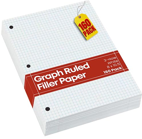 1InTheOffice Binder Graph Paper Loose Leaf, 3 Hole Small Graph Paper, 8x10.5 White, 160 Sheets/Pack