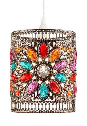 Loxton Lighting Moroccan Style Jewel Drum in Amber, Blue, Red and Yellow on a Copper Frame - Beautiful Lampshade Pendant for bedrooms, Living Rooms, hallways, Any Room
