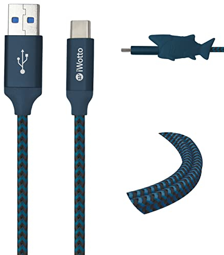 Iwotto Cable USB Tipo C 1M - Carga y Sincronización Rápida para Móvil- USB 3.0 Azul - Nylon Duradero y Protector de Cable Tiburón Incluido - Compatible con Samsung, Xiaomi, Huawei, PS4, Xbox