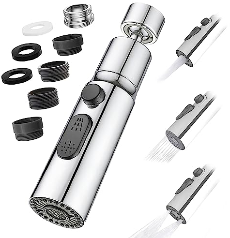 Aeratore Rubinetto Cucina, 360° Girevole Prolunga Rompigetto Rubinetto con 3 Modalità Aeratore Filtro Antispruzzo, 5 Tipi Adattatore Filettato doccetta per Lavello Cucina Bagno