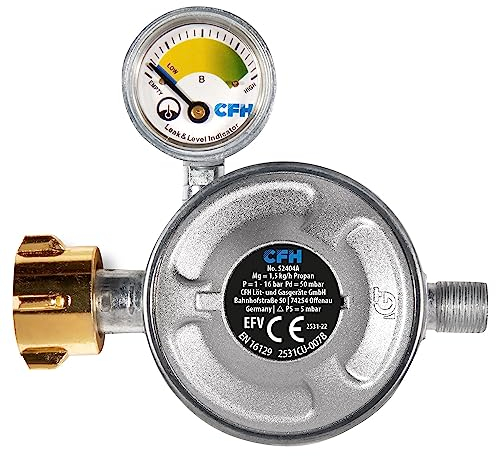 CFH Gasdruckregler 50 mbar mit Manometer DRF 404 - Druckminderer für Gasflasche mit Füllstandsanzeige, Eingang G.12, Ausgang H.4 1/4, gemäß EN 16129, Durchfluss 1,5 kg/h, ideal für Gasgrills
