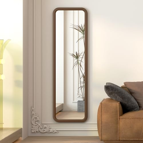 LVSOMT Ganzkörperspiegel Holzrahmen, 120x40cm Wandspiegel Nussbaum, Holzoptik Spiegel Wand mit Rahmen Eiche, Holz Spiegel Schlafzimmer Wohnzimmer, Horizontale/Vertikale Aufhängung, Walnuss