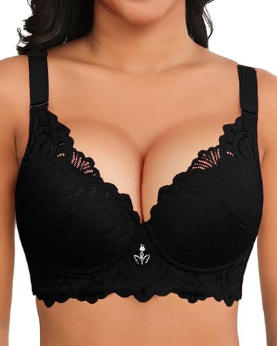 Svmer Push Up Lace Bra for Women Underwire Plus Size Comfortable Brassiere Black 42D