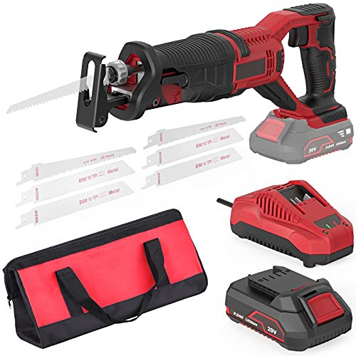 Cordless Reciprocating Saw 20V Electric - 0-3000RPM Variable Speed with 6 Saw Blades, 2.0Ah Lithium Battery, Fast Charger, Orbital Cutting Switch, for Wood/Metal/PVC