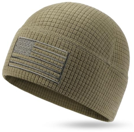 OUTDOOR SHAPING Grid Fleece Beanie with American Flag Embroidery Waffle Tactical Army Military Skull Cap Army Olive