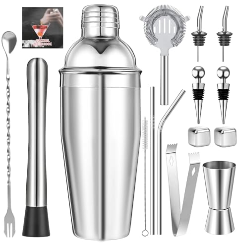 Cocktail Shaker I 750 ML Cocktail Set I Boston Shaker I Fest Schließender & Dichtender Cocktail Shaker Edelstahl I 15-Teiliges Barkeeper Set für Zuhause, Bar