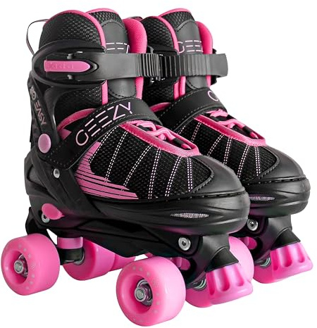 GEEZY Kids Roller Skates for Girls Adjustable Roller Skates for Boys 4 Wheel Quad Skates Black & Pink Adjustable Sizes (UK 2-4 / Eur 34-37)