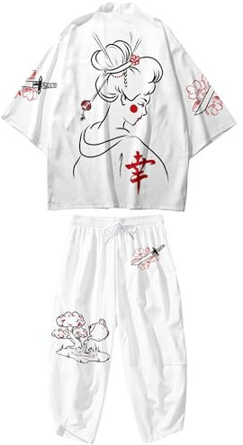 DOSLAVIDA Herren-Kimono-Cargigan-Anzug, leicht, 2-teilig, Strand-Outfits, japanische offene Vorderseite, 3/4-Ärmel, Hemd und Shorts, Weiß, Schwarz, Large