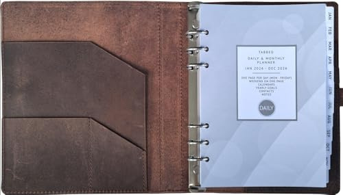 Leder-Tagesplaner – Tag auf einer Seite, Januar 2026 bis Dezember 2026, Echtleder-Ordner, nachfüllbar, A5