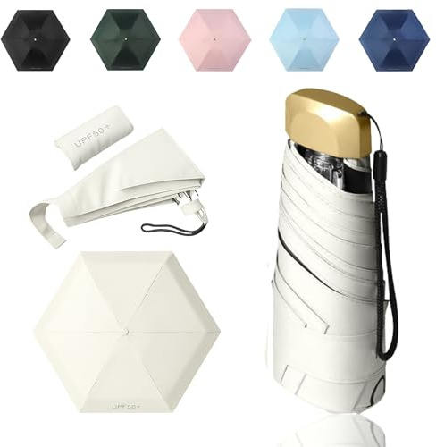 Tirimbeles Ombrello pieghevole da tasca da viaggio, ombrello a 6 aste, mini ombrello, protezione solare UV, compatto ed elegante, con custodia, ideale per viaggi e borse piccole, Osso, Mini